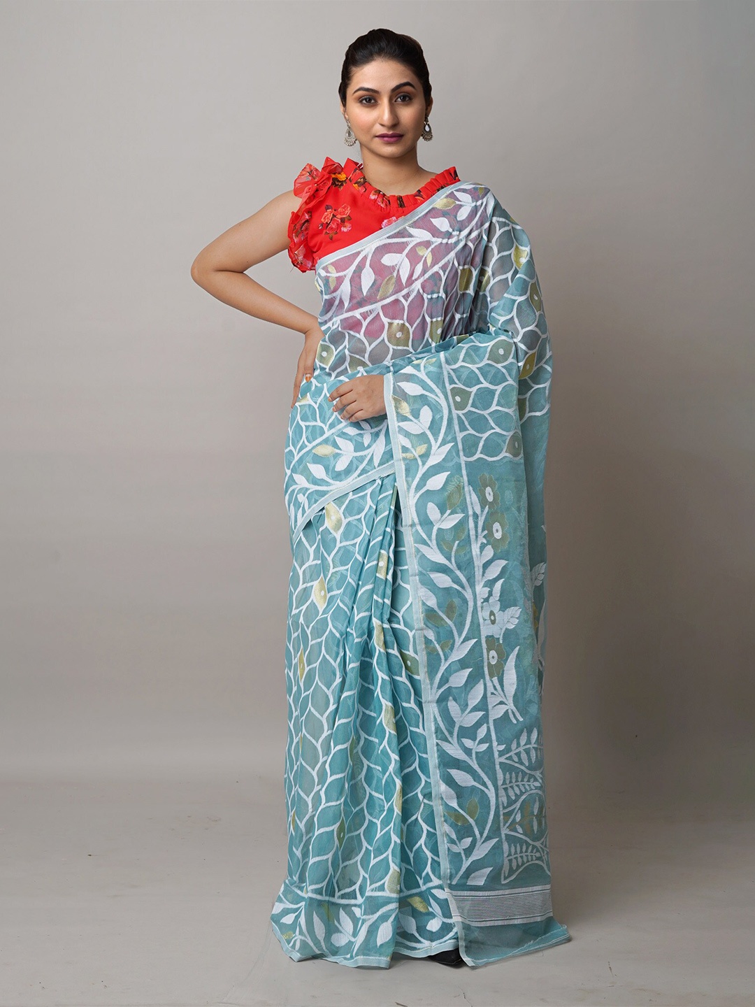 

Unnati Silks Woven Design Zari Silk Cotton Handloom Jamdani Saree, Turquoise blue