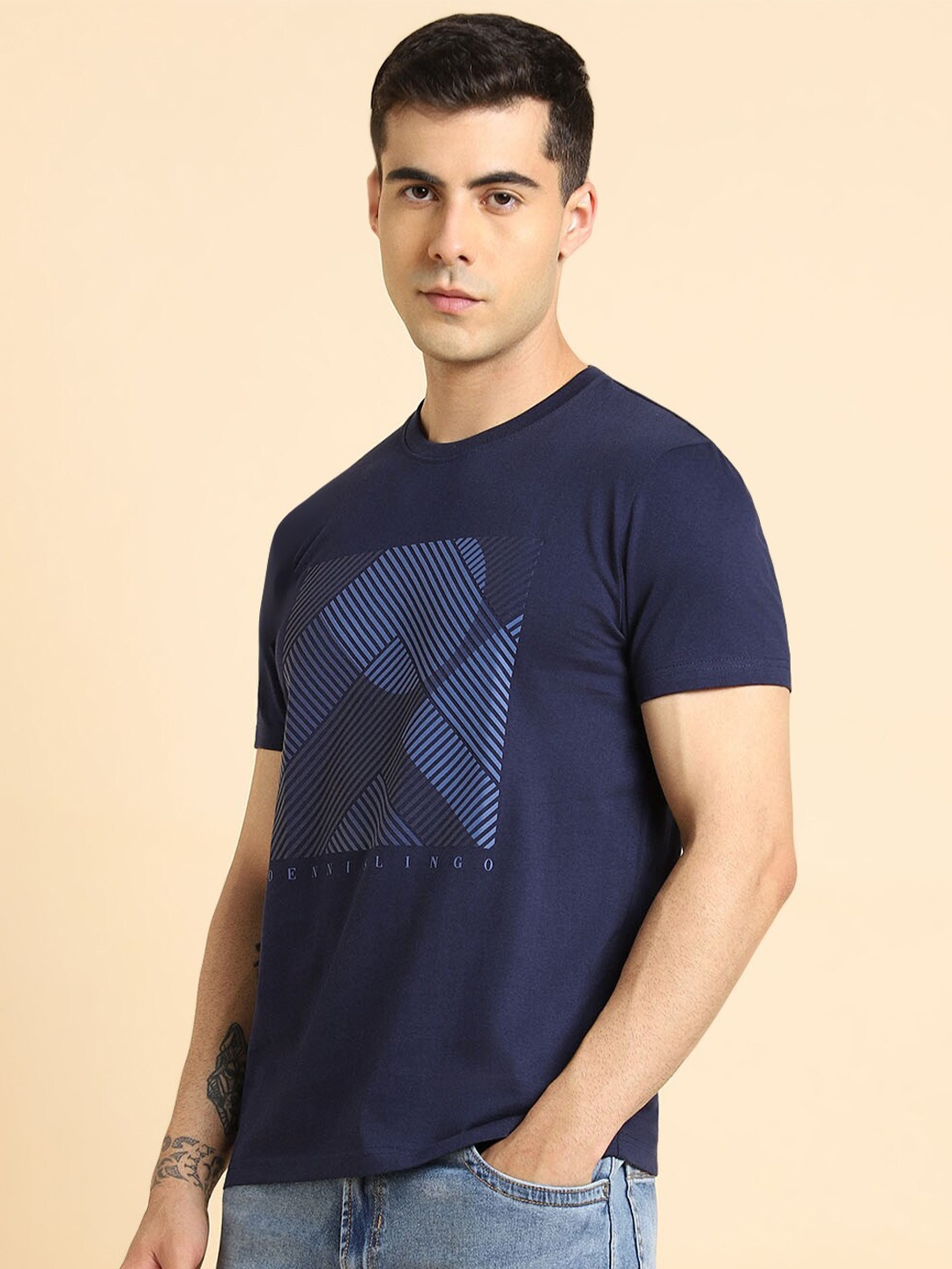 

Dennis Lingo Geometric Printed Casual T-shirt, Navy blue