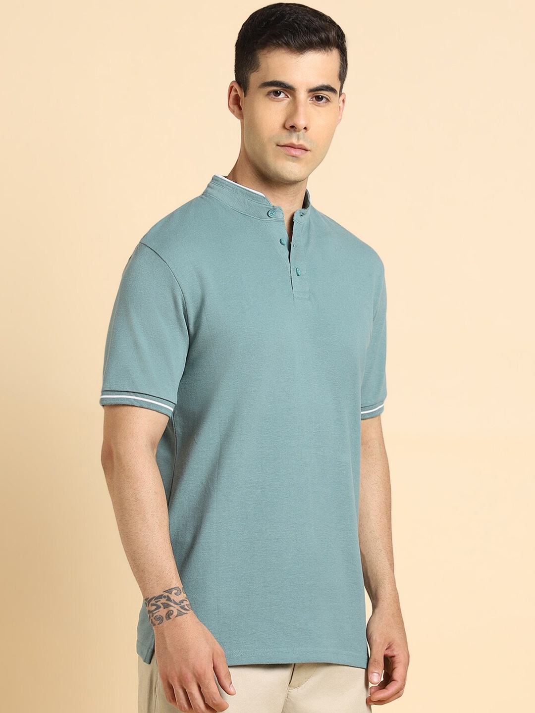 

Dennis Lingo Mandarin Collar Cotton T-shirt, Teal