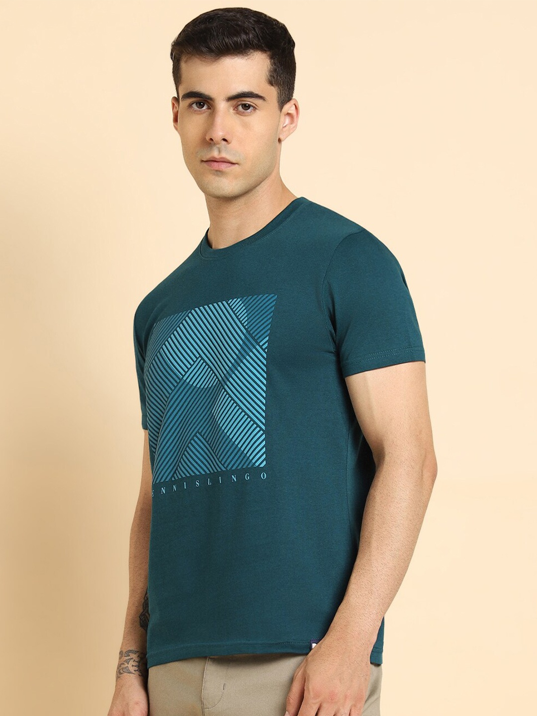 

Dennis Lingo Geometric Printed Round Neck Casual Cotton T-Shirt, Teal