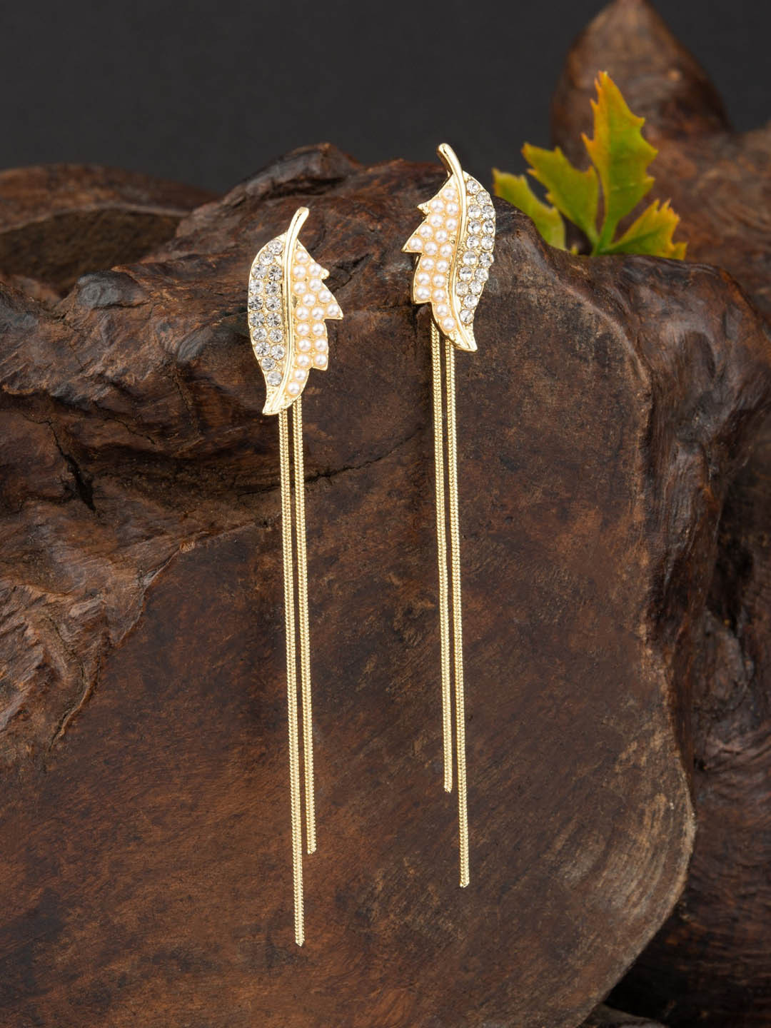 

E2O Gold-Plated Leaf Shaped Stone Studded & Beaded Drop Earrings
