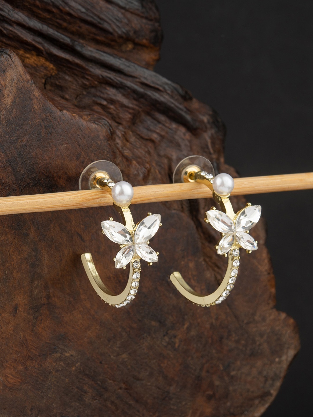 

E2O Gold-Plated Contemporary Stone Studded & Pearl Half Hoop Earrings