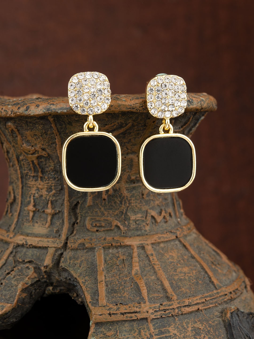 

E2O Gold-Plated Square Shaped Stone Studded Drop Earrings