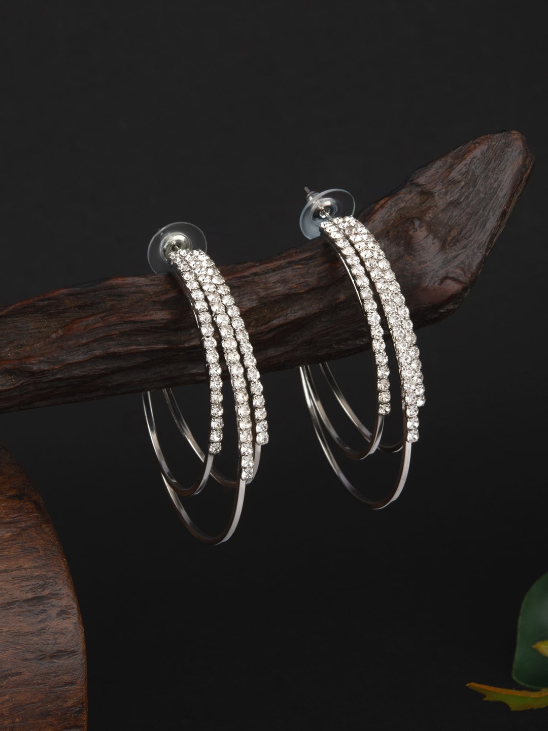 

E2O Silver-Plated Circular Stone Studded Half Hoop Earrings