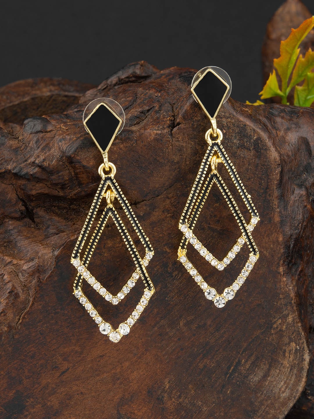 

E2O Gold-Plated Stone Studded Contemporary Drop Earrings