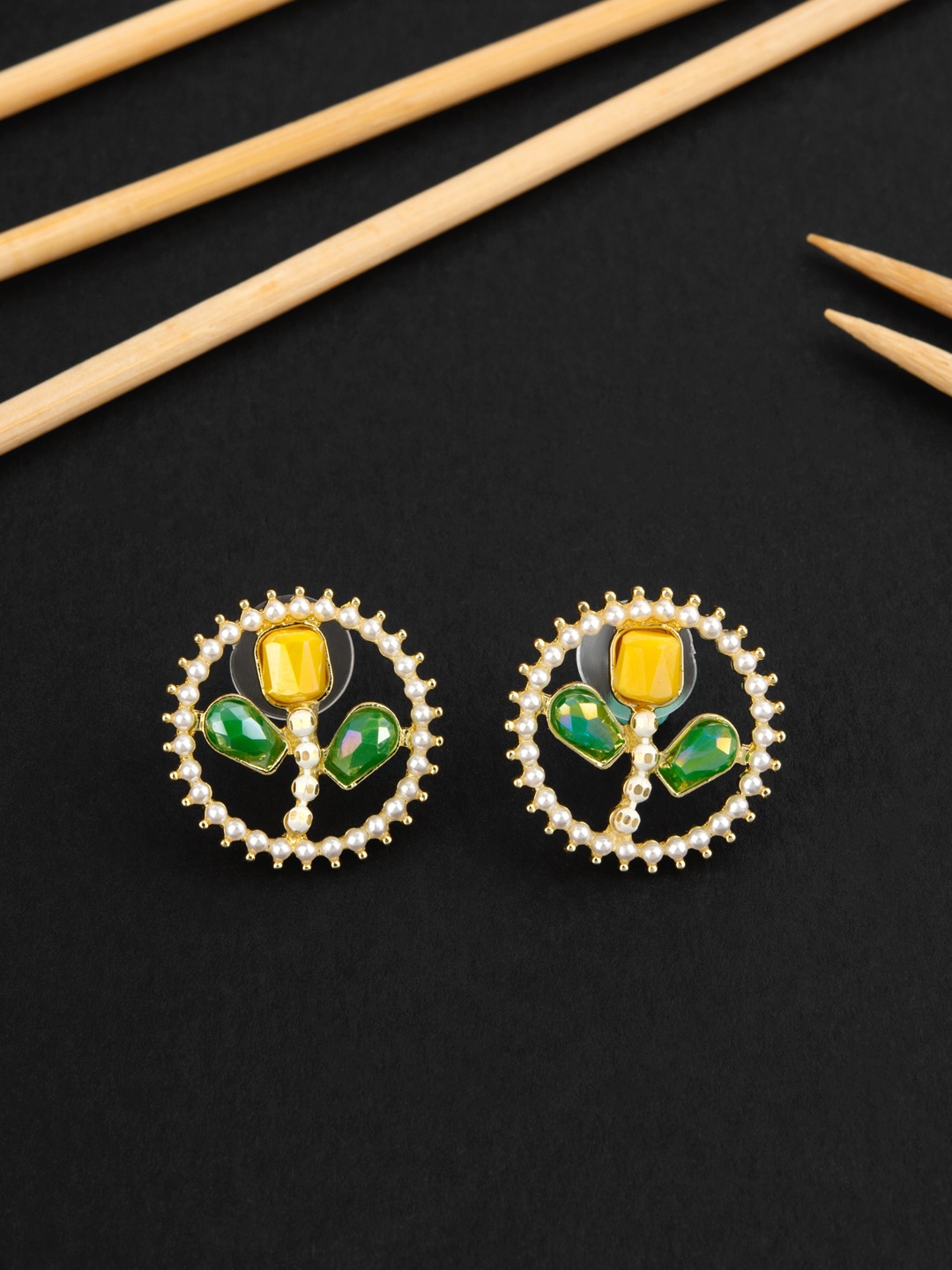 E2O Gold-Plated Stone Studded Floral Studs Earrings