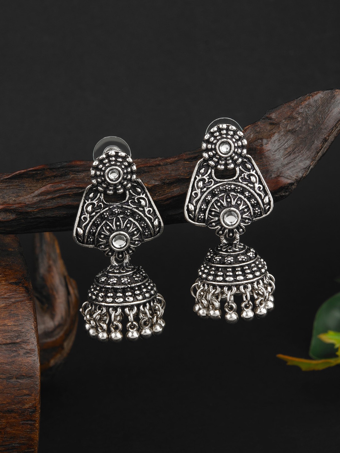 

E2O Silver-Plated Dome Shaped Stone Studded Jhumkas