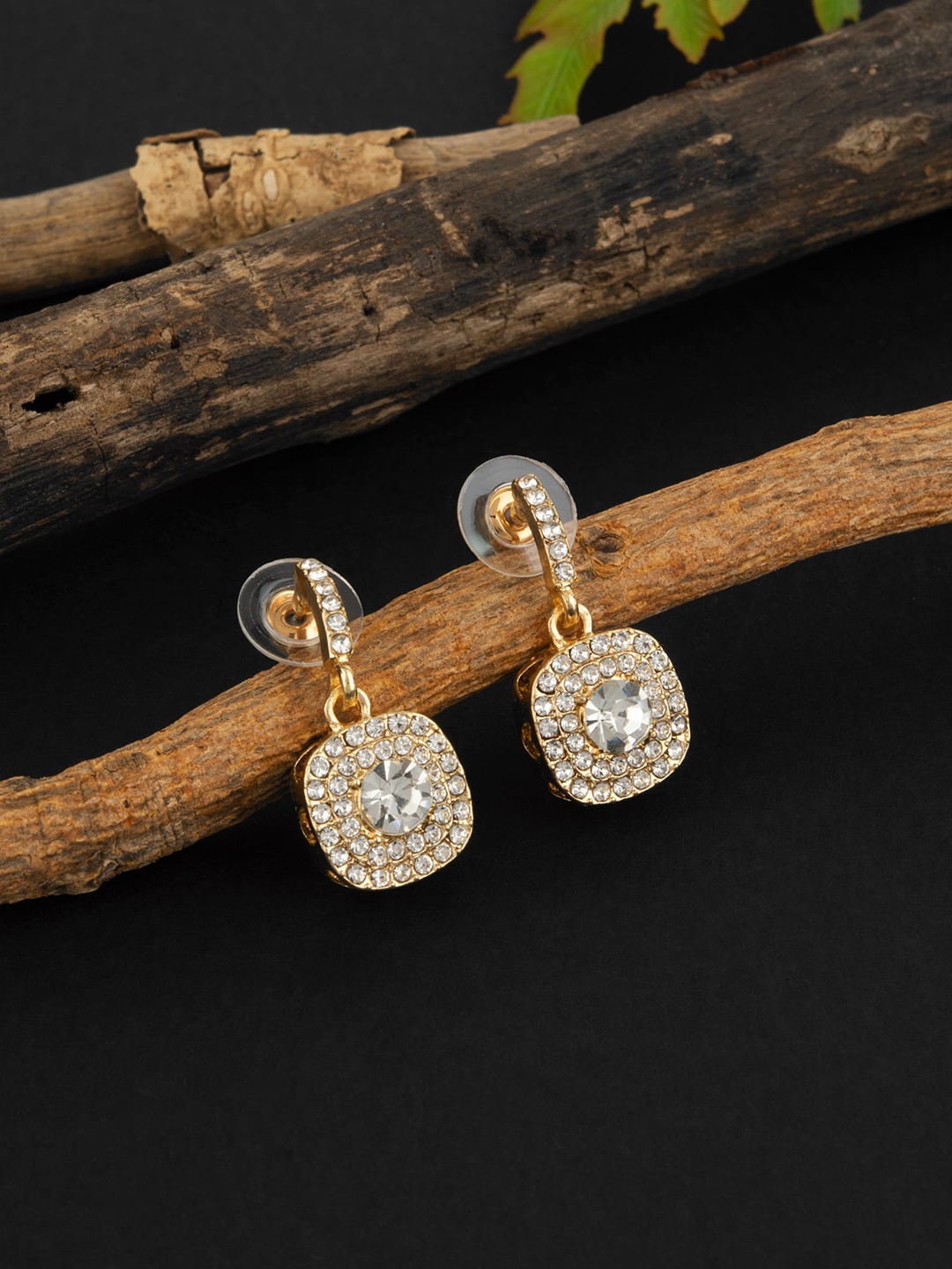 

E2O Gold Plated Contemporary Stone Studded Drop Earrings