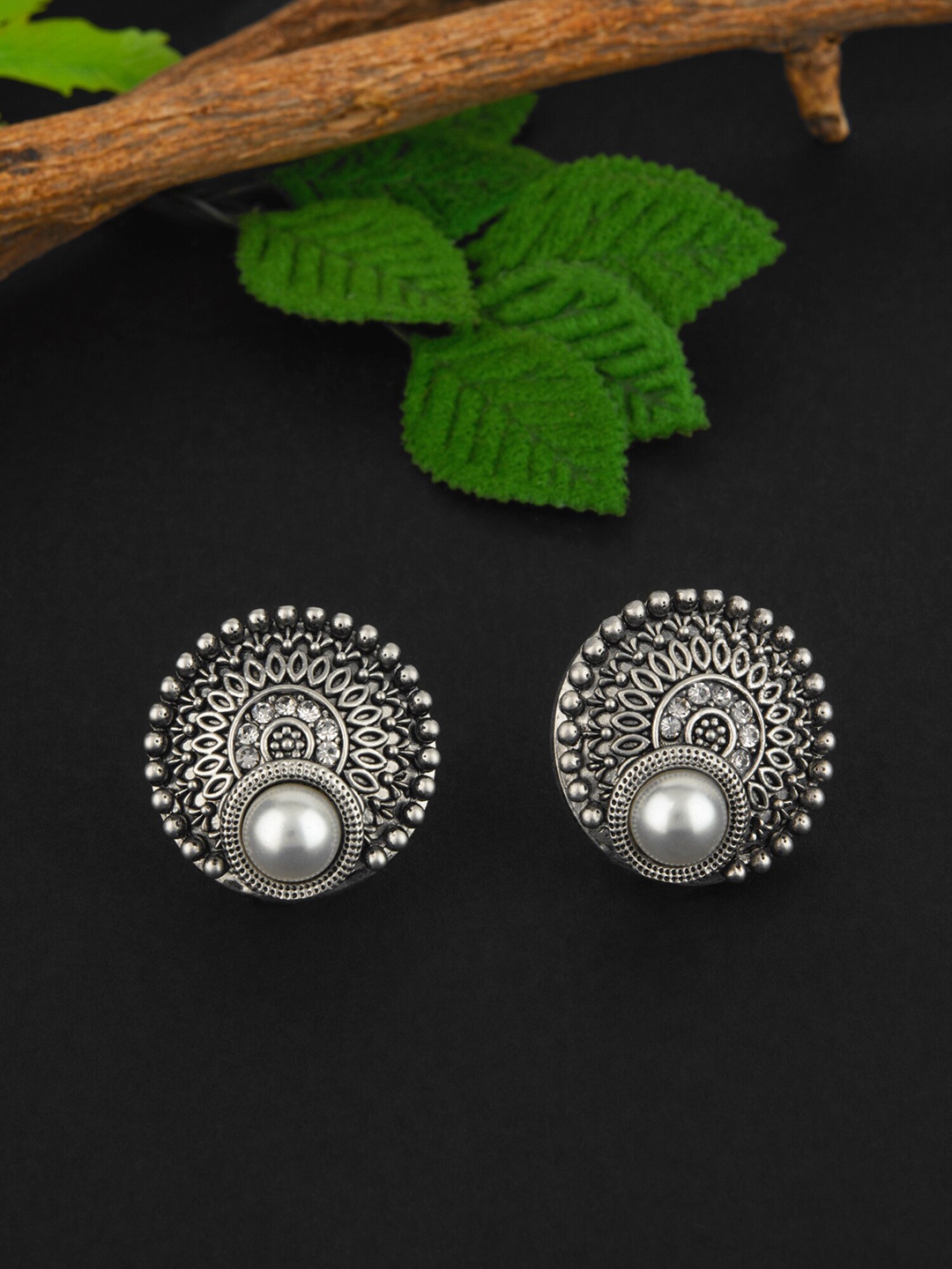 

E2O Silver-Plated Oxidised Circular Pearl Studded Earrings