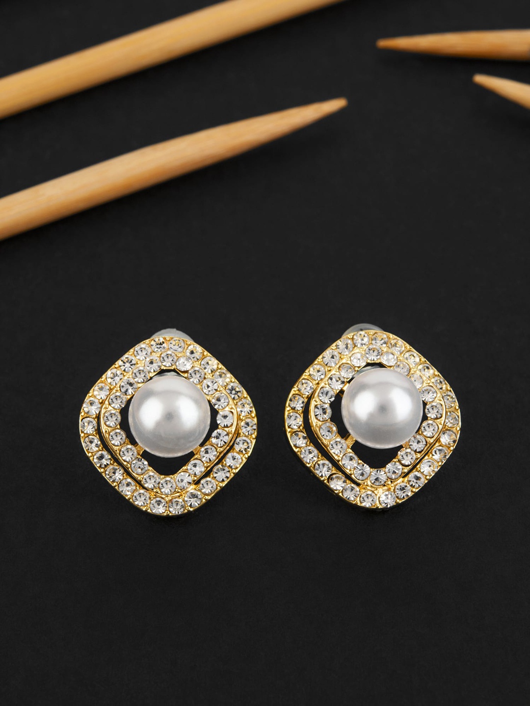 

E2O Gold Plated Diamond Shaped Stone Studded & Beaded Studs Earrings