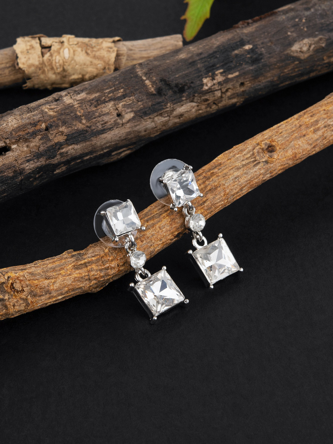 

E2O Silver-Plated CZ Studded Contemporary Drop Earrings