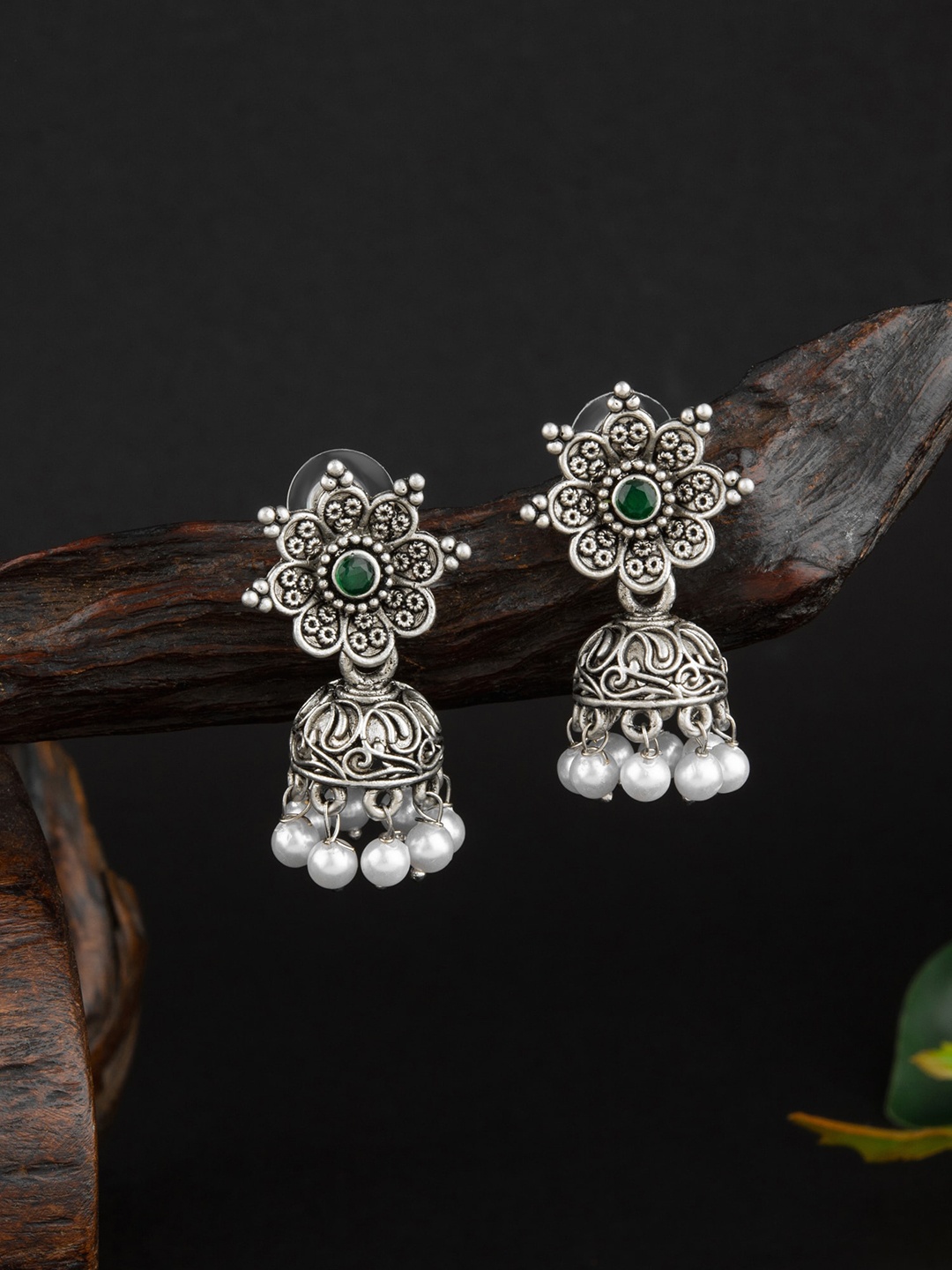 

E2O Silver-Plated Dome Shaped Stone Studded And Beaded Jhumkas