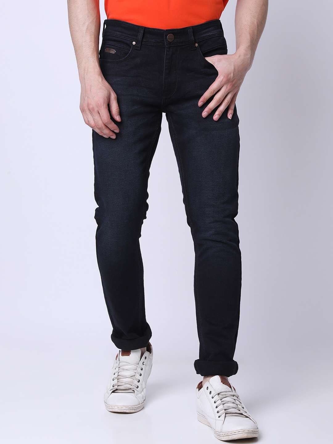 

Oxemberg Men Mid-Rise Clean Look Lean Slim Fit Light Fade Stretchable Jeans, Navy blue