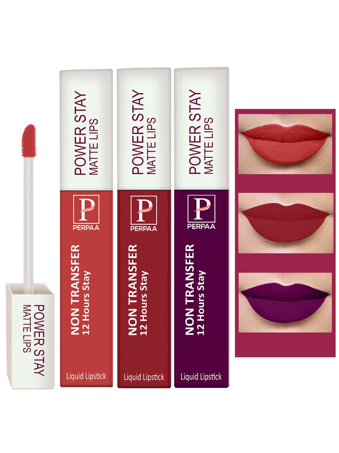 

PERPAA Set of 3 Power Stay Non-Transfer Liquid Matte Lipstick 5ml - Shades 01 + 03 + 22, Purple