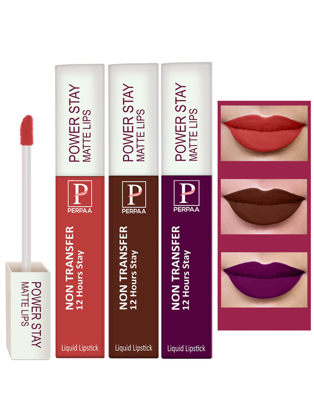 

PERPAA Set of 3 Power Stay Non-Transfer Liquid Matte Lipstick with Castor Oil - 5 ml each, Brown