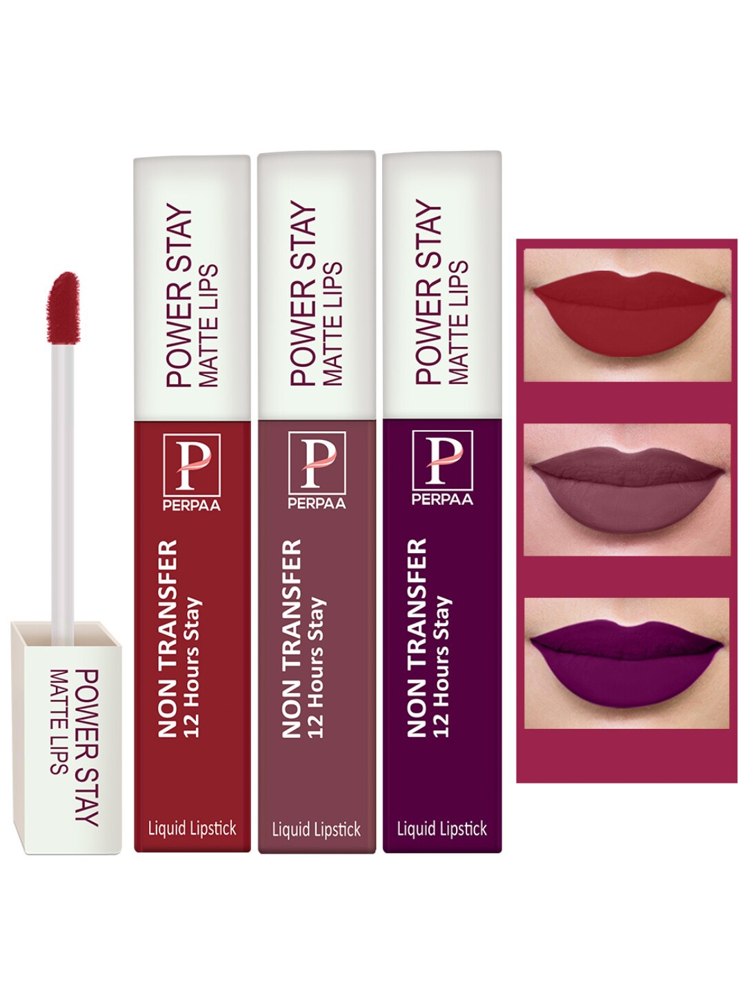 

PERPAA Set of 3 Power Stay Non-Transferable Matte Liquid Lipsticks with Vit E - 5ml Each, Red