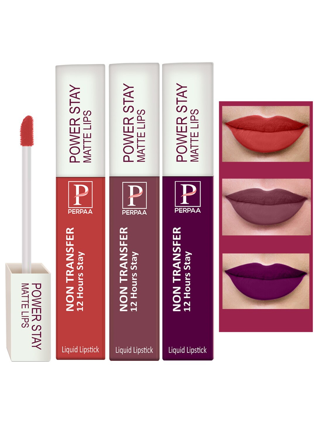 

PERPAA Set of 3 Power Stay Non-Transferable Matte Liquid Lipsticks with Vit E - 5ml Each, Red