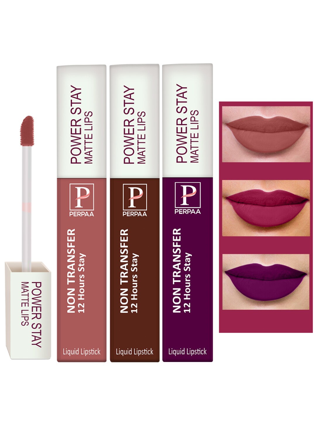 

PERPAA Set of 3 Power Stay Lipsticks 5ml Each - Wine 03, Bom Bon Brown 16, Apple Red 22, Nude