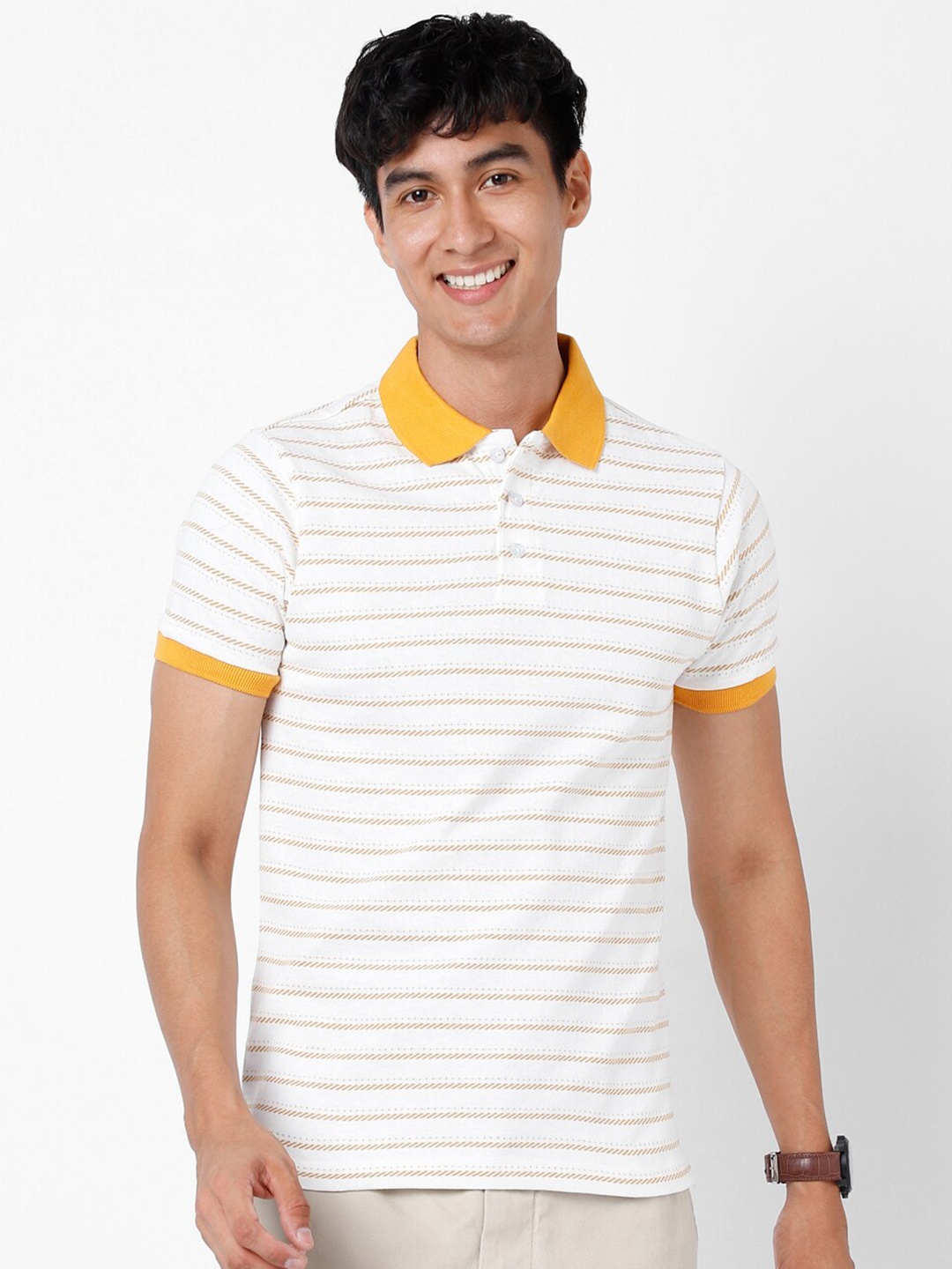

VASTRADO Striped Polo Collar Cotton T-shirt, Off white