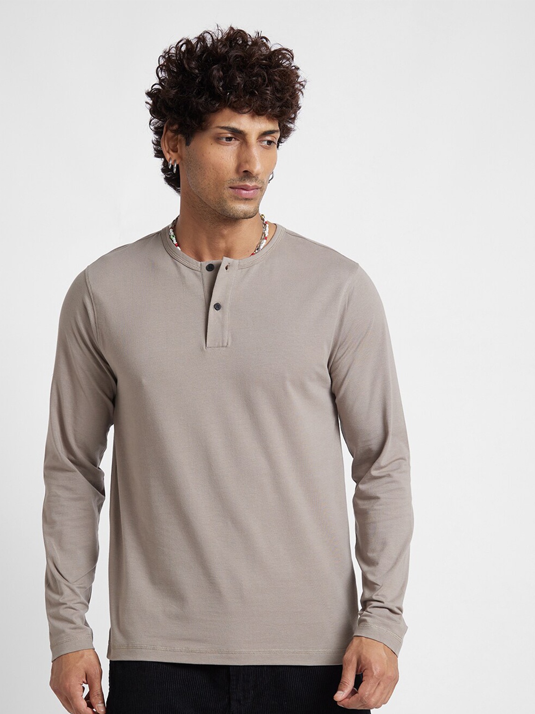 

VASTRADO Henley Neck Cotton T-shirt, Khaki