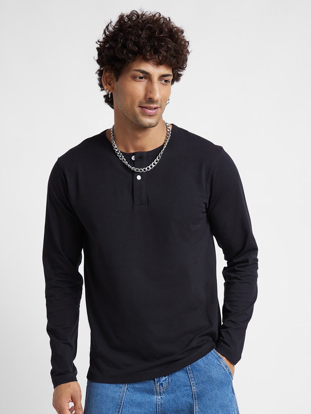 

VASTRADO Henley Neck Cotton T-shirt, Black