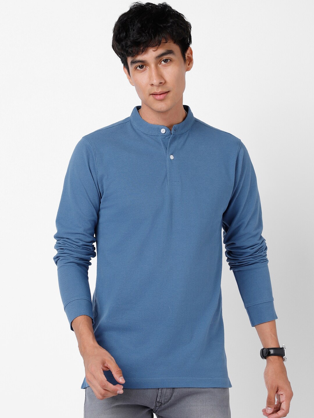 

VASTRADO Mandarin Collar Cotton T-shirt, Blue