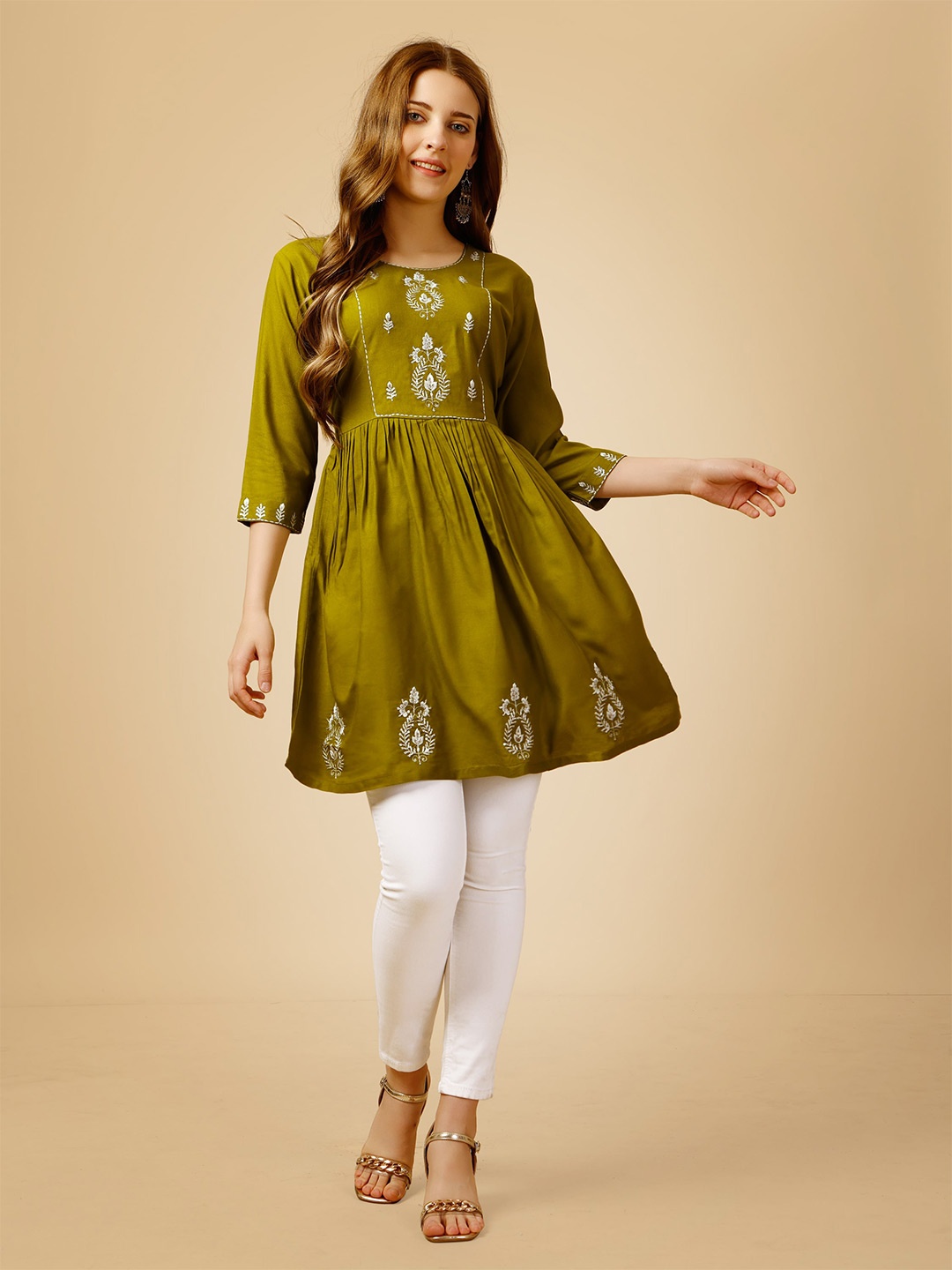 

BAPS Ethnic Motifs Embroidered Sequined A-Line Kurti, Olive
