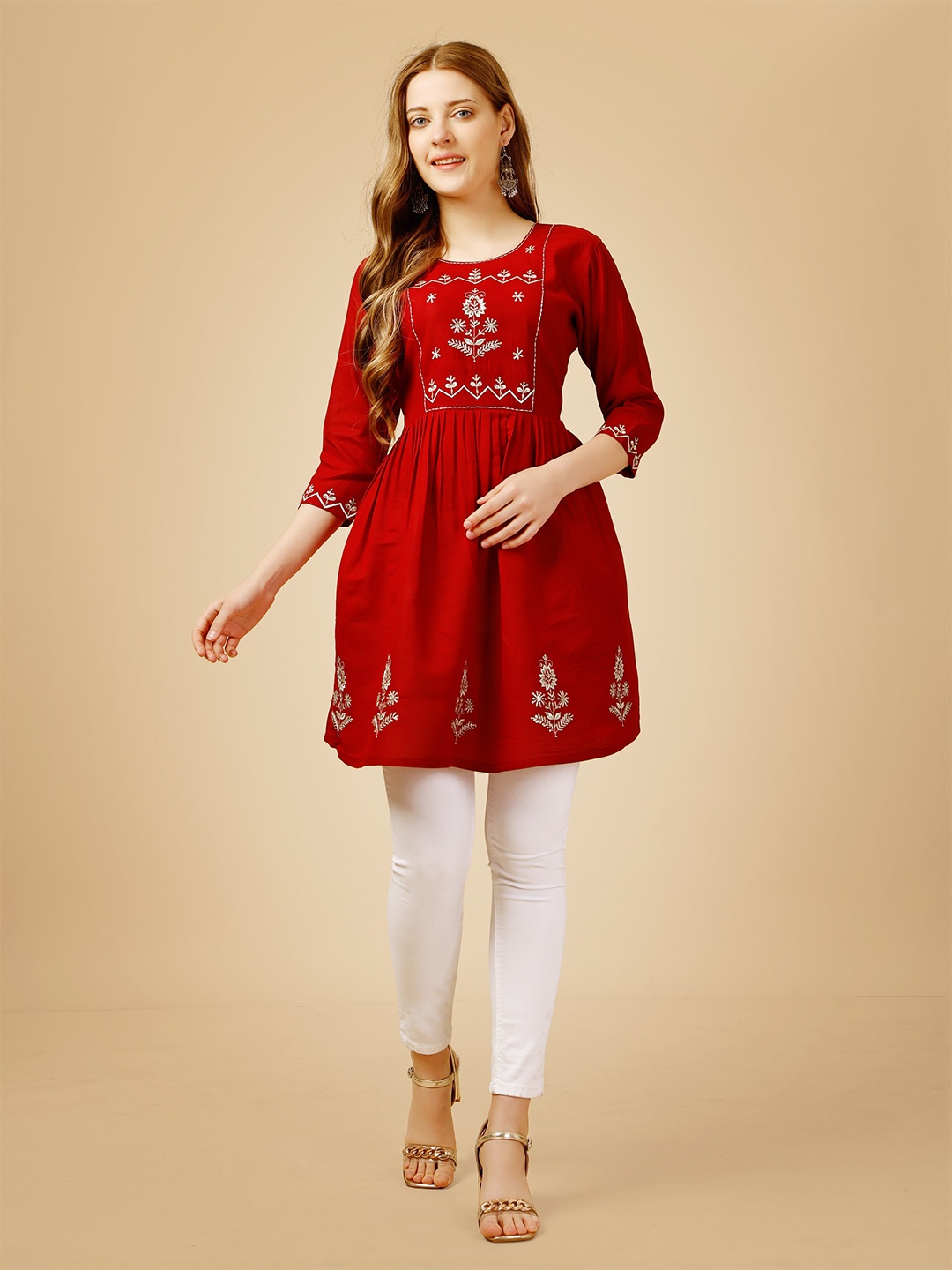 

BAPS Ethnic Motifs Embroidered Sequined A-Line Kurti, Red