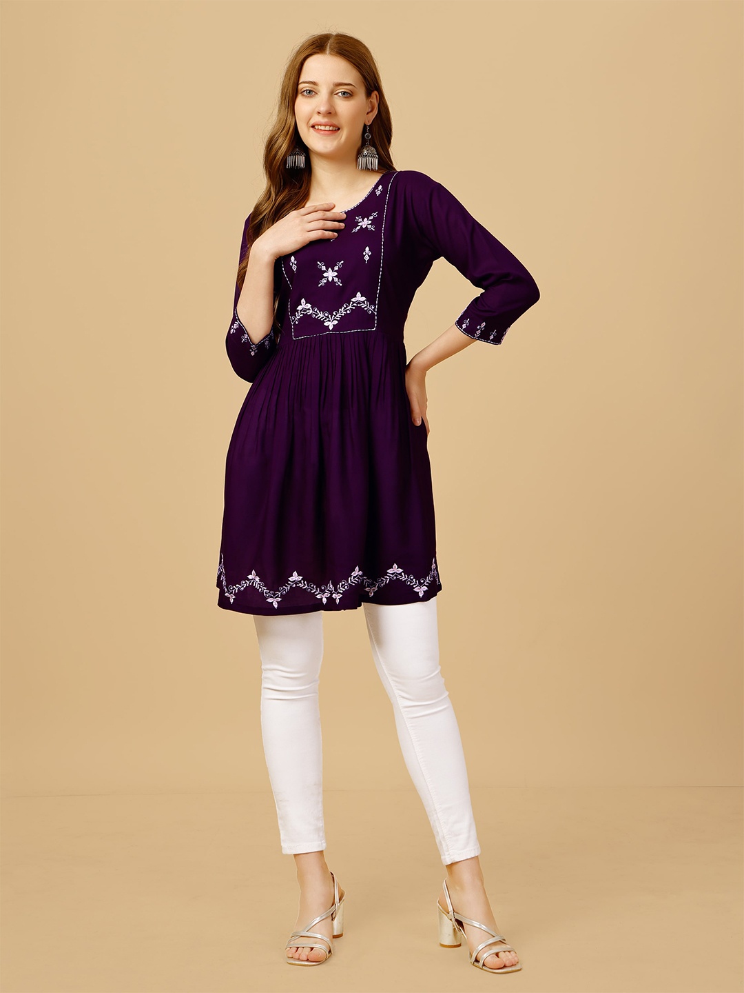 

BAPS Ethnic Motifs Embroidered Sequined A-Line Kurti, Purple