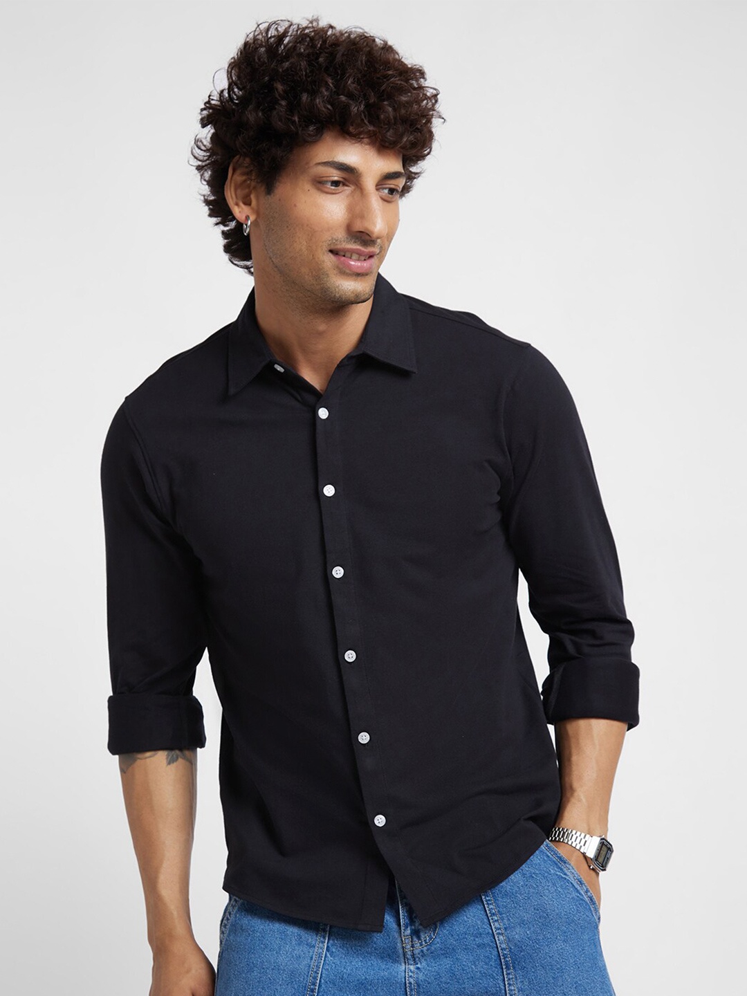 

VASTRADO Spread Collar Cotton Casual Shirt, Black