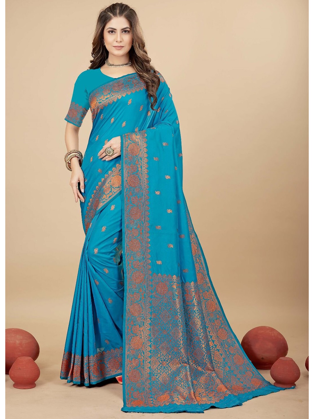 

AVANTIKA FASHION Ethnic Motifs Woven Design Zari Pure Silk Kanjeevaram Saree, Blue