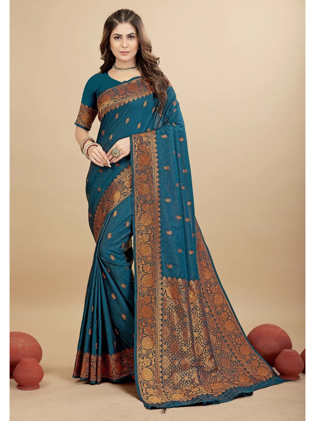 

AVANTIKA FASHION Ethnic Motif Woven Design Zari Pure Silk Designer Kanjeevaram Saree, Teal