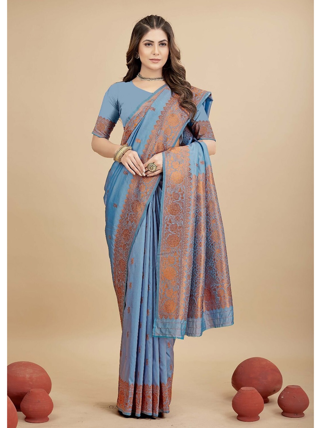 

AVANTIKA FASHION Ethnic Motifs Woven Design Zari Pure Silk Kanjeevaram Saree, Blue