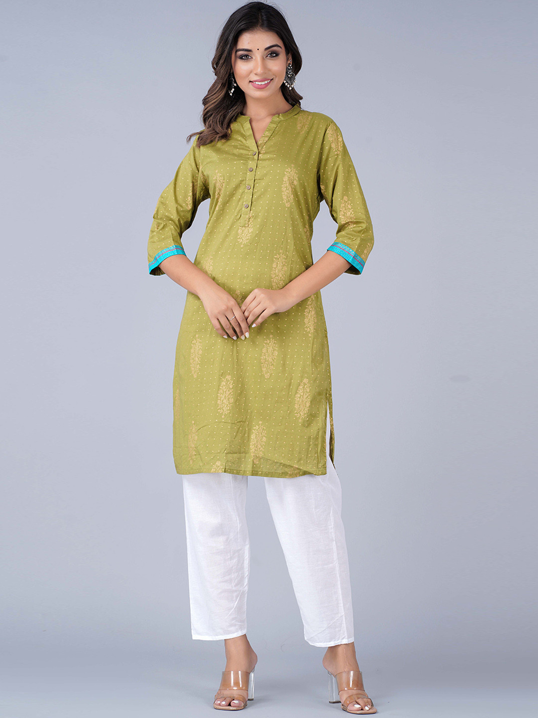 

HERE&NOW Mandarin Collar Floral Printed Kurta, Green