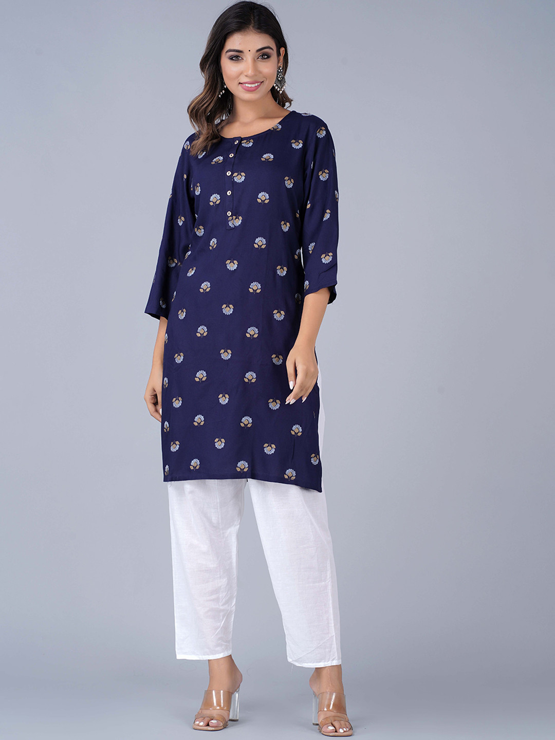 

HERE&NOW Navy Blue & White Floral Printed Kurta