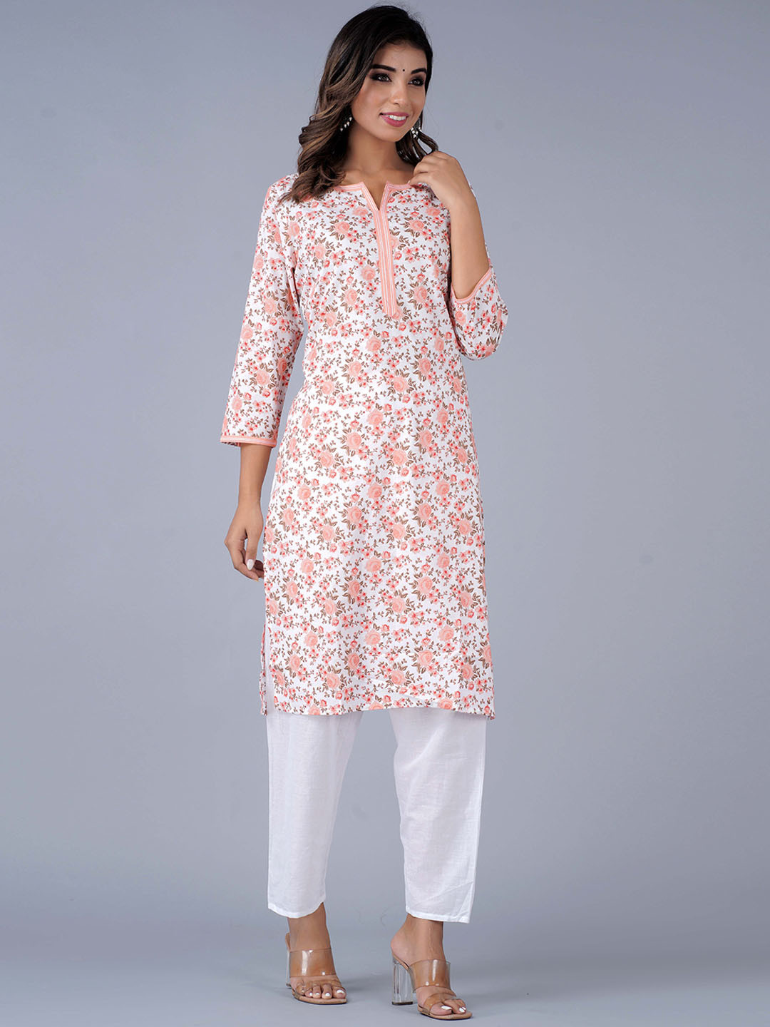 

HERE&NOW Floral Printed Cotton Straight Kurta, Pink