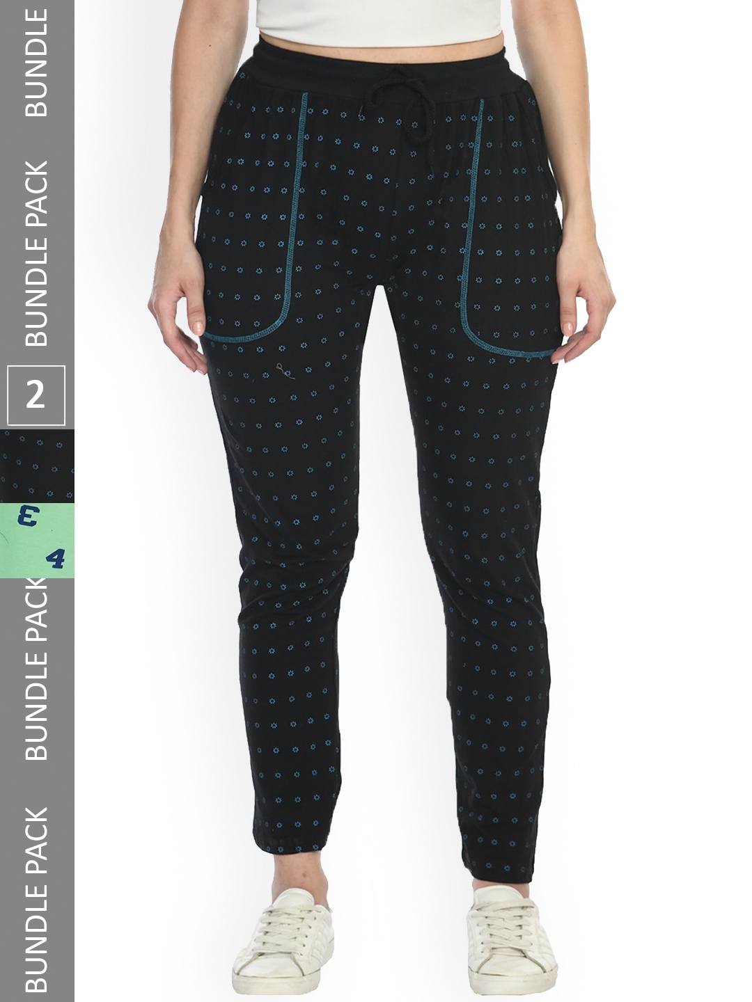 

IndiWeaves Women Pack Of 2 Printed Cotton Slim Fit Joggers, Black