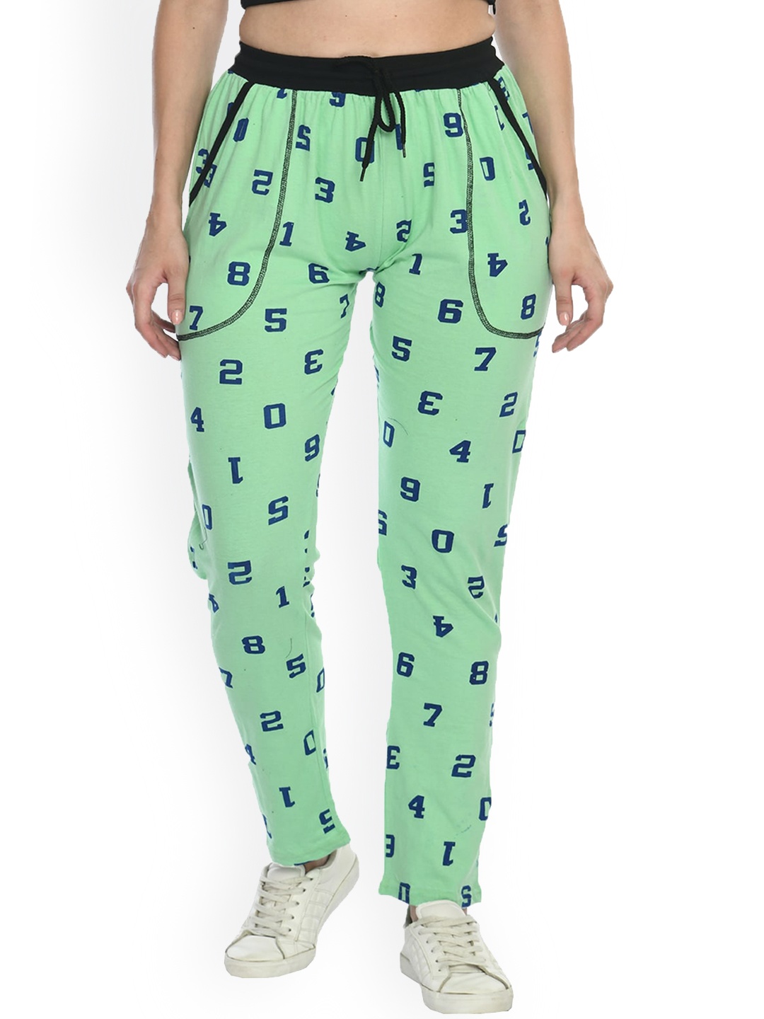 

IndiWeaves Women Mid-Rise Typography Printed Cotton Track Pants, Green