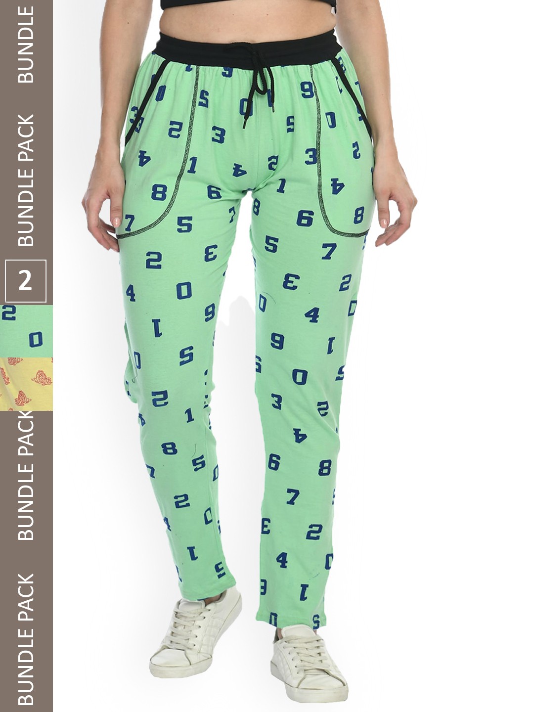 

IndiWeaves Women Pack Of 2 Typography Printed Cotton Track Pants, Yellow