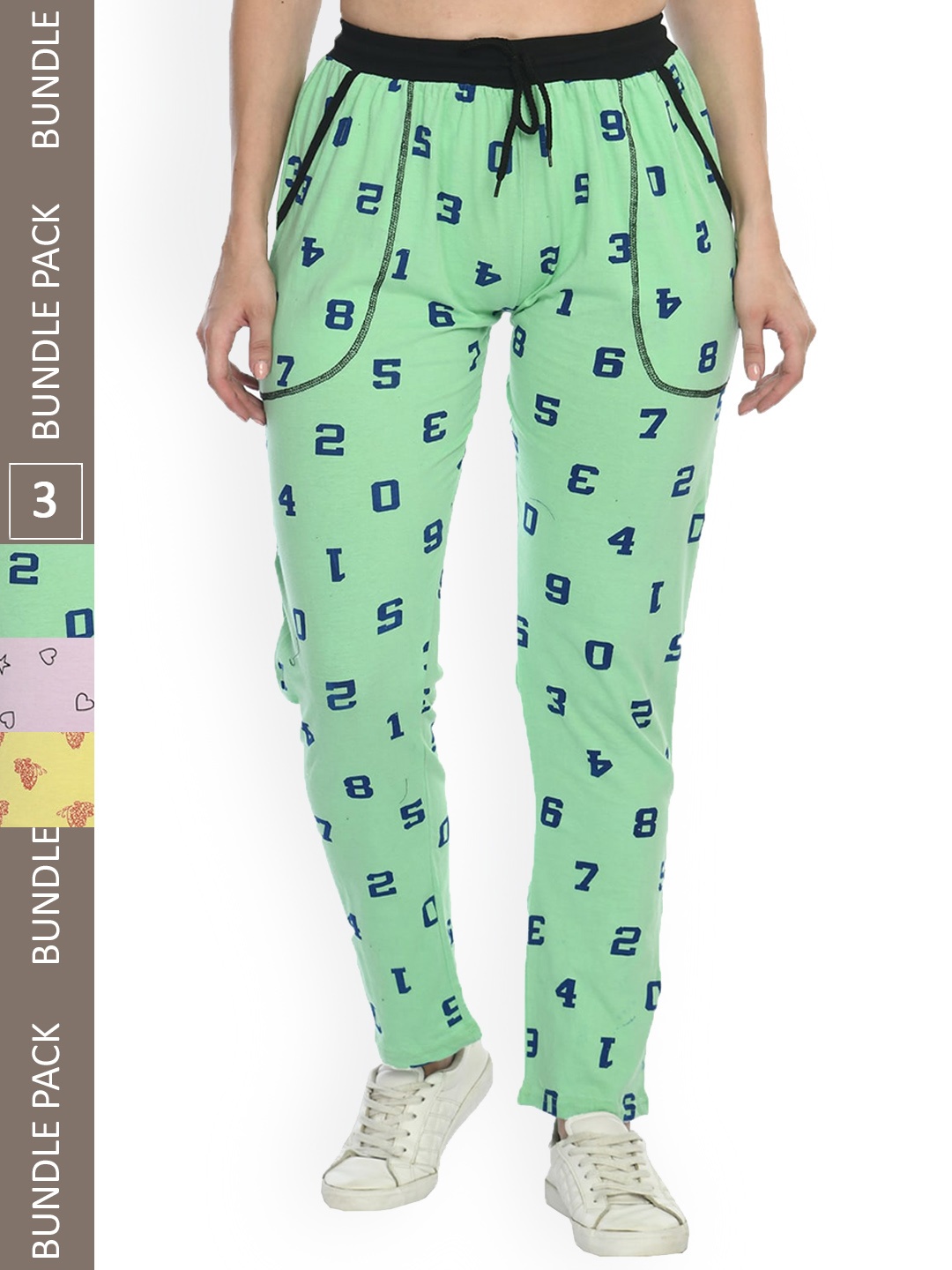 

IndiWeaves Women Pack Of 3 Printed Cotton Track Pants, Yellow