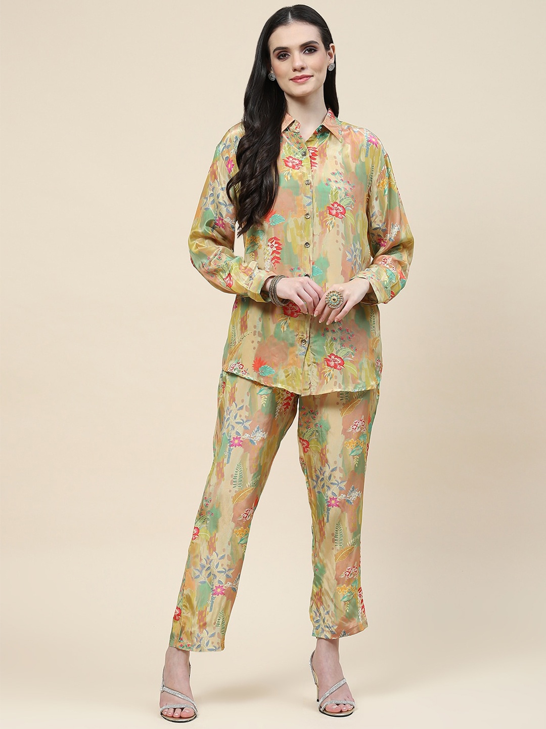 

Meena Bazaar Floral Printed Shirt & Trouser, Beige