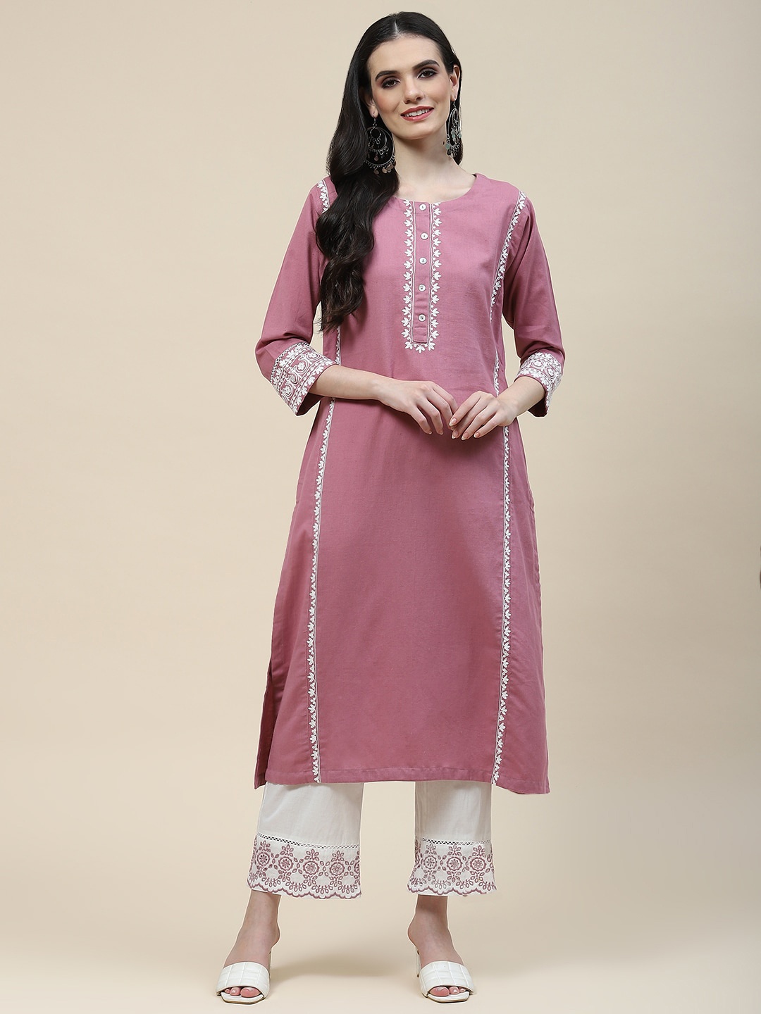 

Meena Bazaar Ethnic Motifs Embroidered Regular Kurta With Palazzos, Pink