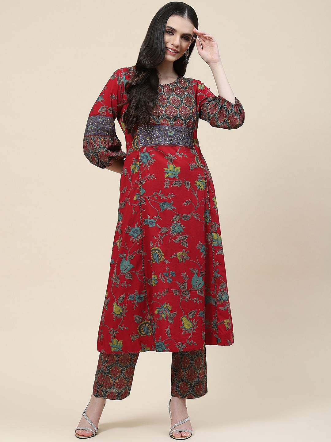 

Meena Bazaar Floral Printed Regular Kurta With Trousers, Maroon