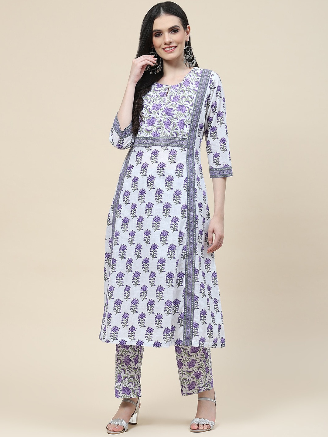 

Meena Bazaar Floral Printed Regular Kurta with Trousers, Purple
