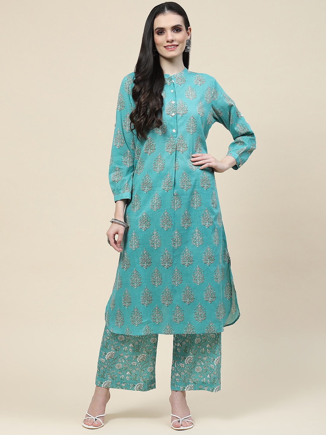 

Meena Bazaar Ethnic Motifs Printed Regular Kurta With Trousers, Sea green