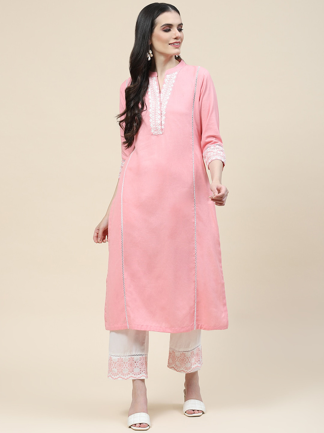 

Meena Bazaar Thread Work Kurta With Trousers, Peach
