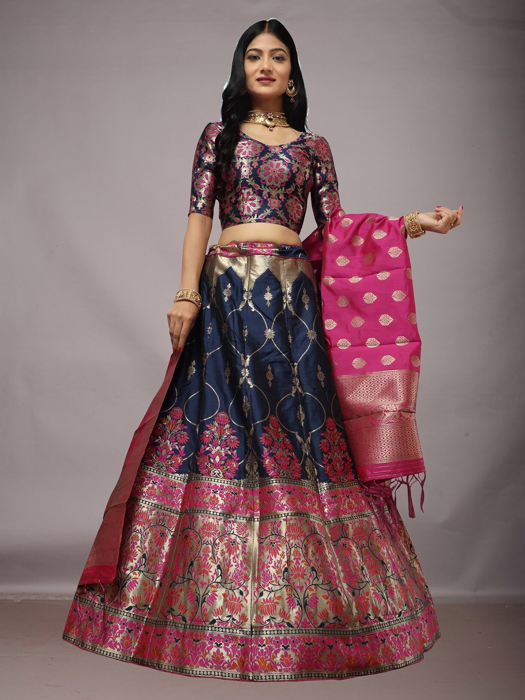 

Ekta Textiles Semi-Stitched Lehenga & Blouse With Dupatta, Navy blue