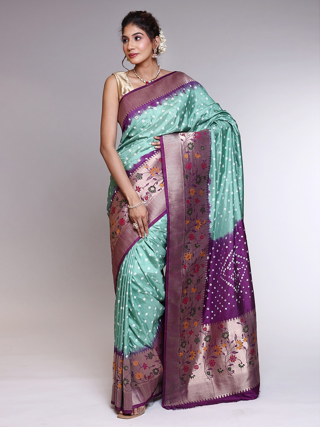 

ZARI Bandhani Printed Zari Silk Blend Saree, Green