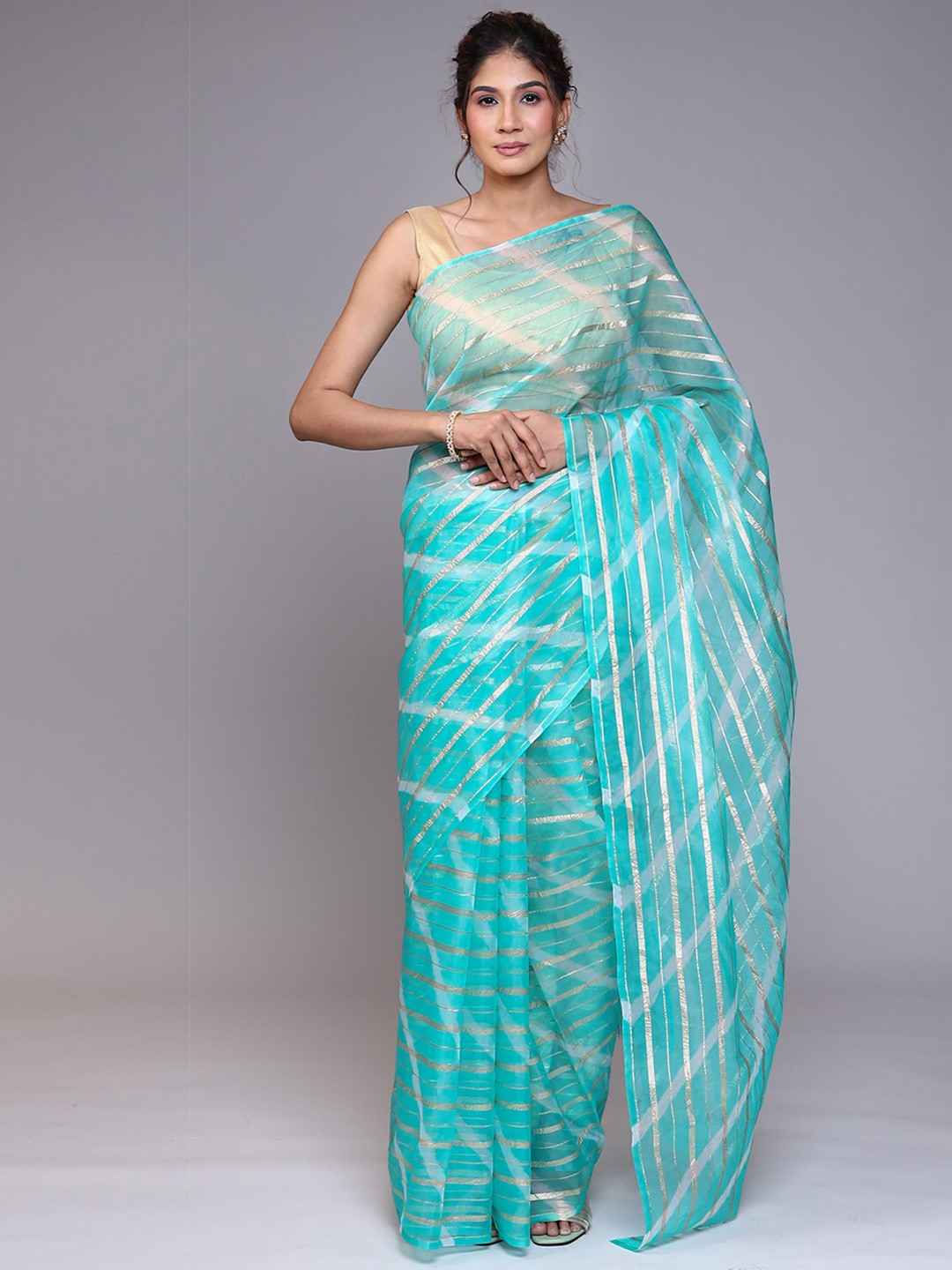 

ZARI Striped Zari Organza Saree, Turquoise blue