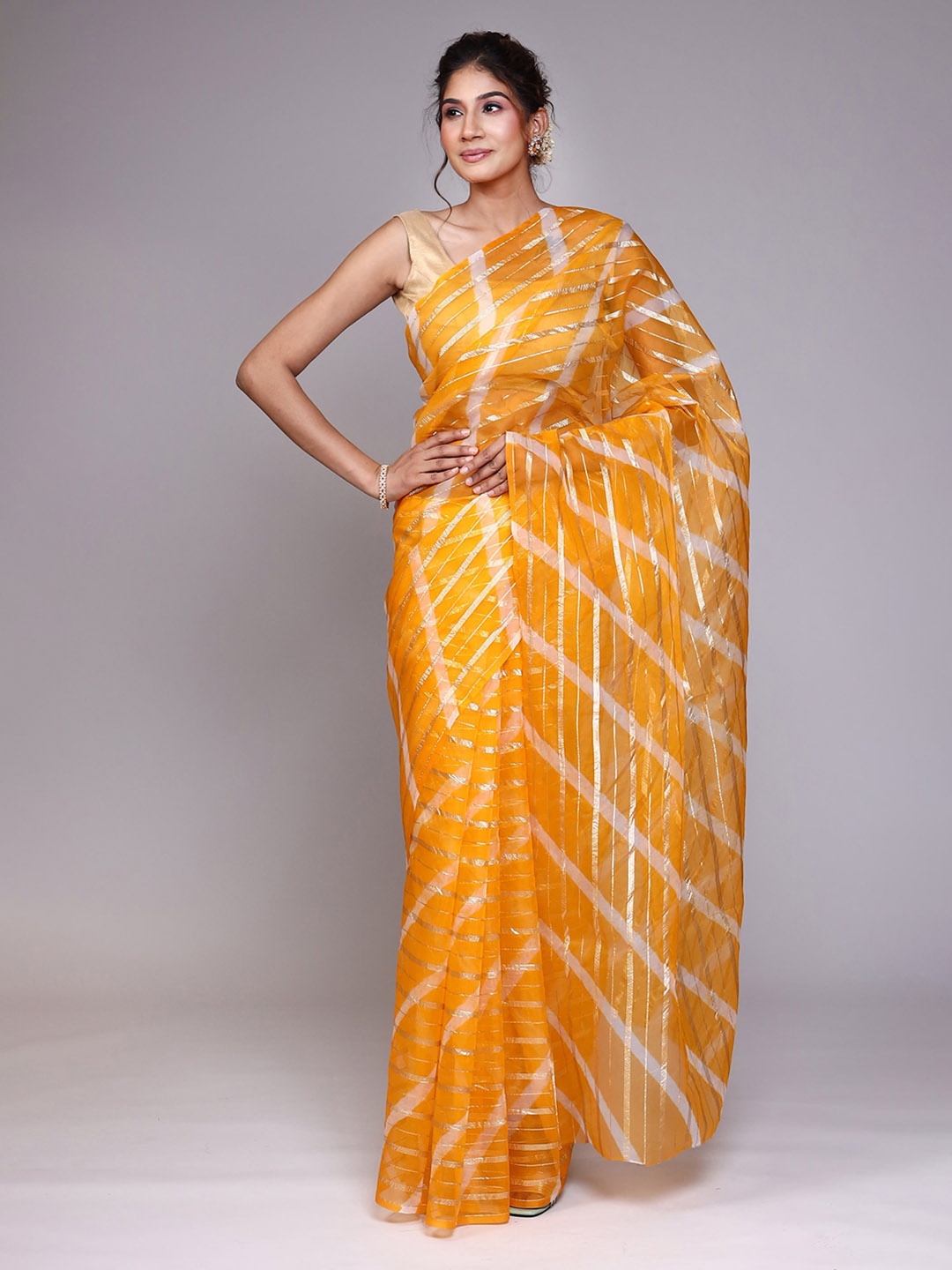 

ZARI Striped Zari Organza Saree, Yellow